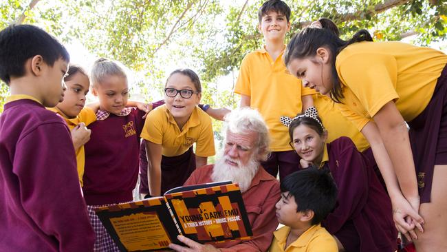 Author Bruce Pascoe reads Young Dark Emu to Glebe Public School students. Picture: Dylan Robinson