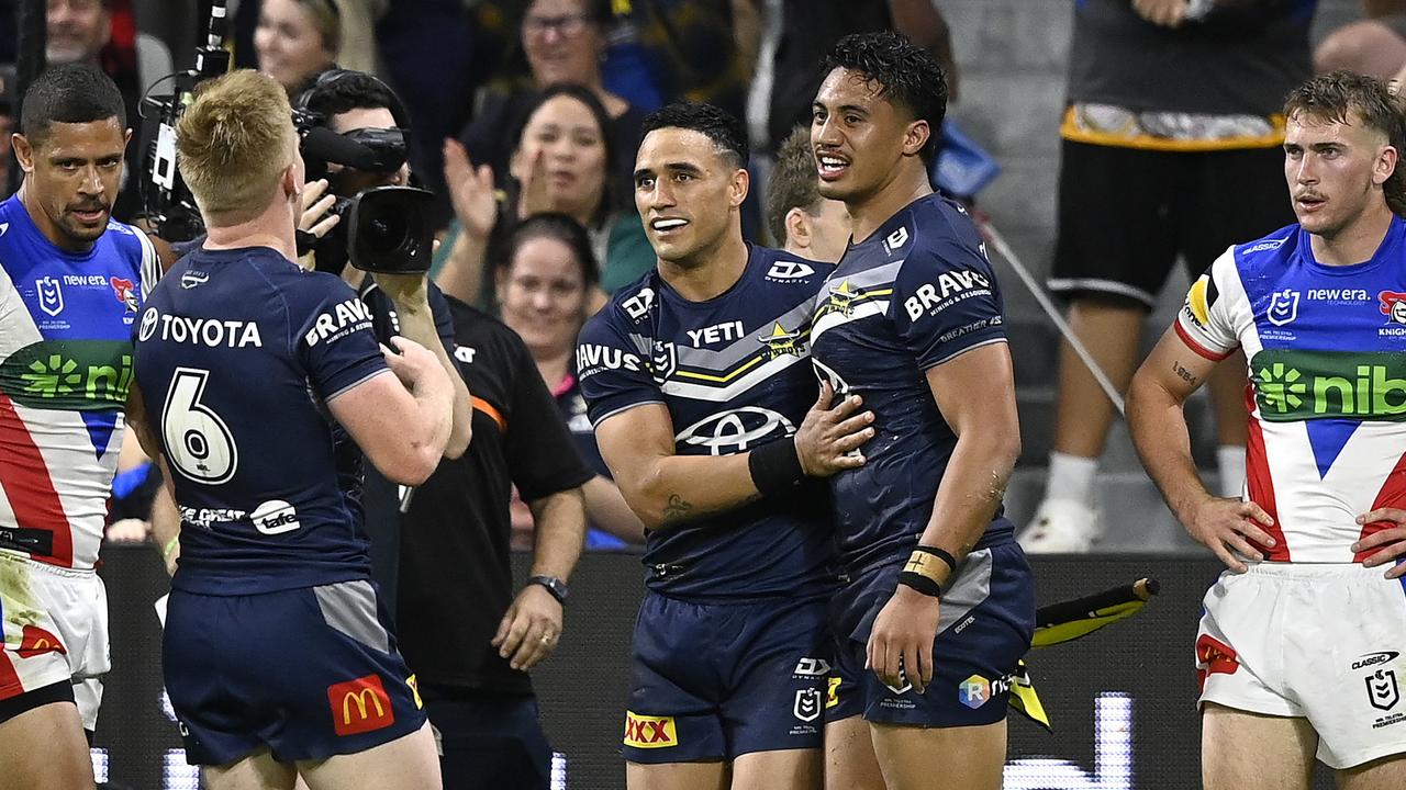 Valentine Holmes and Murray Taulagi celebrate a try. (Photo by Ian Hitchcock/Getty Images)