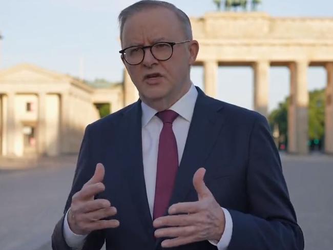 Prime Minister Anthony Albanese speaking earlier today in Berlin ahead of NATO Summit. Picture: Twitter