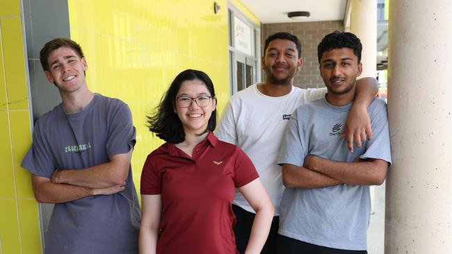 The Daily Telegraph 19.12.2024  Gurjor Gill, (white shirt), Harjot Gill, (grey shirt), Kathleen Dela Cruz, (red shirt) and Lachlan Boyd (blue shorts). HSC year 12 students pictured at The Ponds High School.  Picture: Rohan Kelly