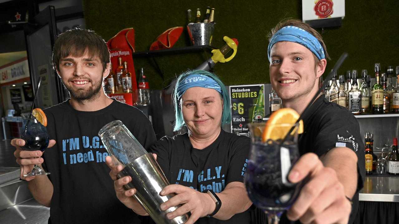 JOIN THE FIGHT: Brady McKeough, Barb O'Connell and Nathan Moulds are all bartenders at Goodna Services Club, who will take part in the U.G.L.Y Bartender cause on Sept 6. Picture: Cordell Richardson