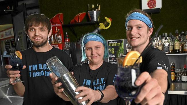 JOIN THE FIGHT: Brady McKeough, Barb O'Connell and Nathan Moulds are all bartenders at Goodna Services Club, who will take part in the U.G.L.Y Bartender cause on Sept 6. Picture: Cordell Richardson