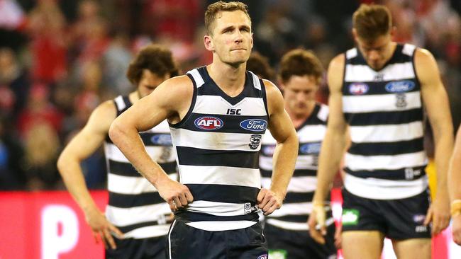 Joel Selwood tried his best to get Geelong back into the game. Picture: George Salpigtidis