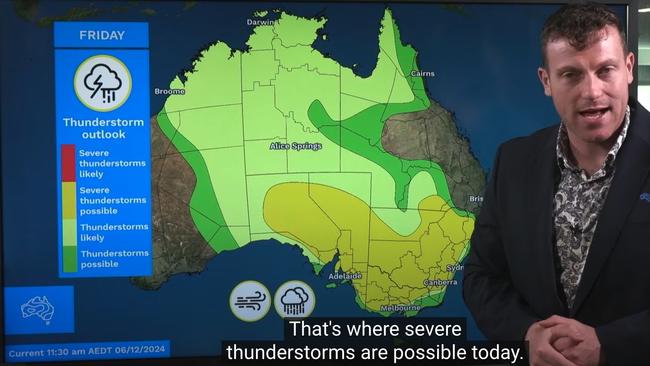 Meteorologist Angus Hines says severe thunderstorms are forecast for large parts of Australia. Picture: Bureau of Meteorology