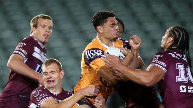 Young Bronco Xavier Coates was a standout for Brisbane and was unstoppable in the air. Picture: Getty Images.