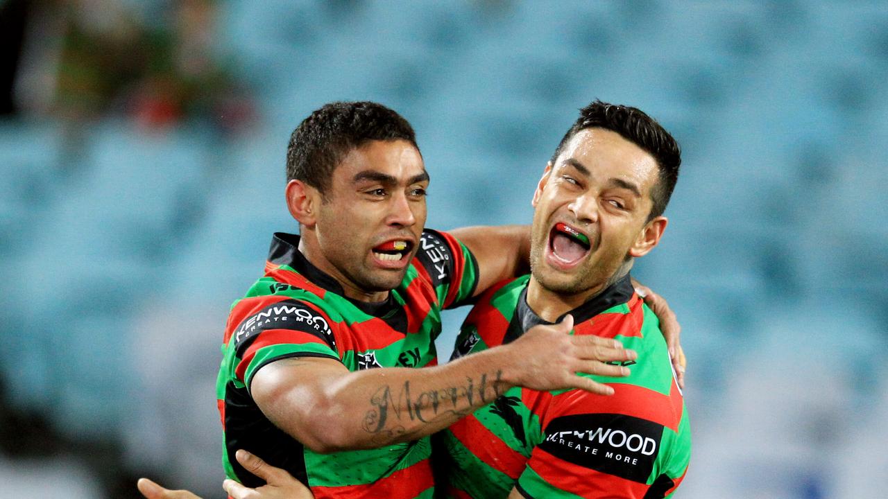 Nathan Merritt celebrates with John Sutton.