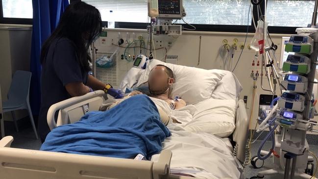 Stabbing victim Brett Halcro in intensive care at RPA Hospital following the devastating knife attack in Pyrmont. Picture: Supplied