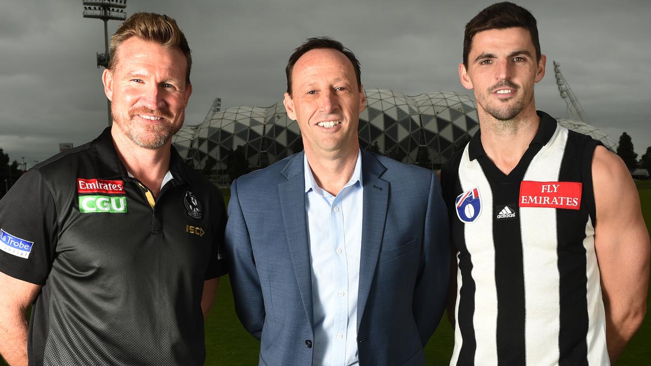 Collingwood’s Nathan Buckley (Coach), Mark Anderson (CEO) and Scott Pendlebury. Picture: Tony Gough