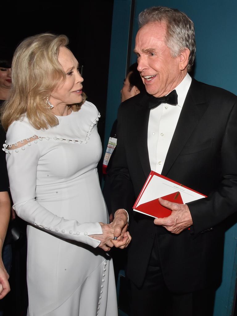 Faye Dunnaway and Warren Beatty speak backstage during during the 89th Annual Academy Awards. Picture: Splash