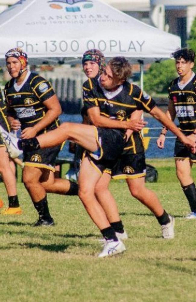 Caloundra player Harry Mills (centre) in action at the 2022 King of the Country rugby union tournament. Picture: Amir Ghasem