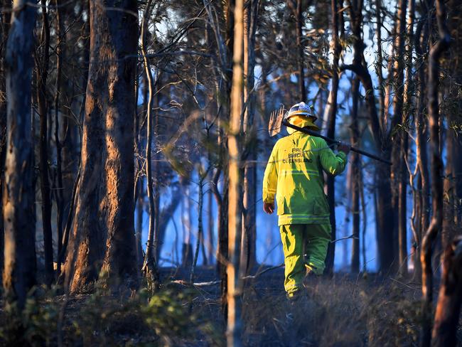 A firefighter checks the area of the fire.A fast moving grass fire has caused two main highways west of Brisbane to close on Saturday afternoon.Saturday September 26, 2020. Picture John Gass