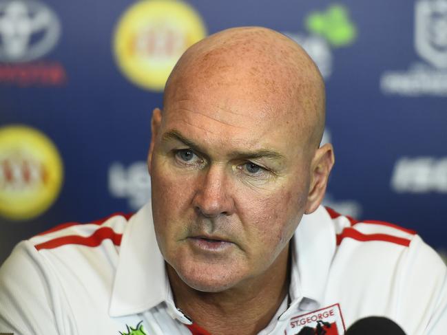 TOWNSVILLE, AUSTRALIA - MARCH 16: Dragons coach Paul McGregor speaks at the post match media conference at the end of of the round 1 NRL match between the North Queensland Cowboys and the St George Illawarra Dragons at 1300SMILES Stadium on March 16, 2019 in Townsville, Australia. (Photo by Ian Hitchcock/Getty Images)