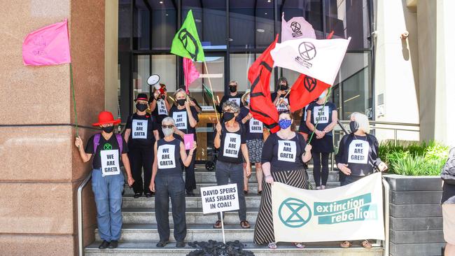 Extinction Rebellion protesters outside the office of Minister for Environment and Water David Speirs. Picture: Brenton Edwards