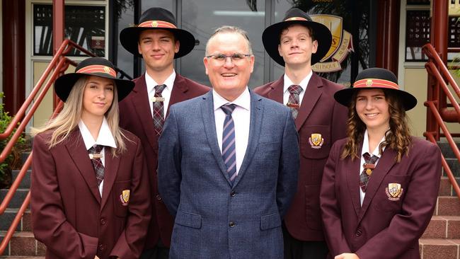 Gympie State High School 2023 school leaders Kirra Robinson, Patrick Hodgins, Principal Mr Anthony Lanskey, Nick Bates and Sophie Tramacchi.