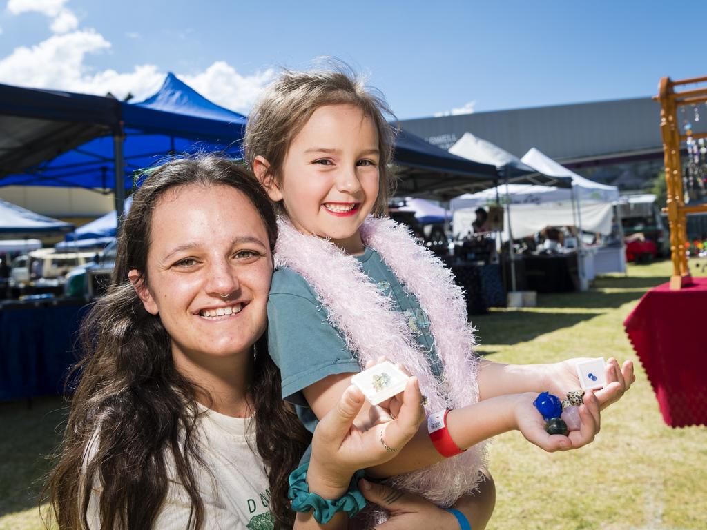 Macey Shinohara and mum Maddy Grace show their purchases from Gemfest hosted by Toowoomba Lapidary Club at Centenary Heights State High School, Saturday, October 21, 2023. Picture: Kevin Farmer