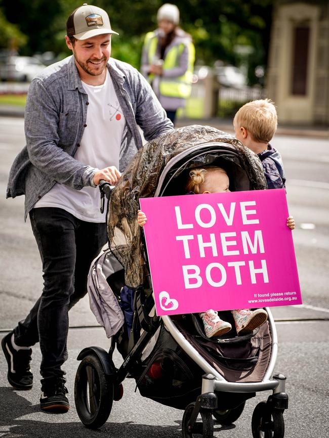 Anti-abortion protesters gathered in Adelaide on Saturday to protest against the Termination of Pregnancy bill, currently before SA Parliament. Picture: Mike Burton