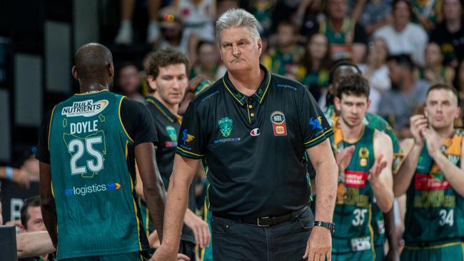 HOBART, AUSTRALIA - JANUARY 10: Tasmania Jackjumpers head coach Scott Roth looks on during the round 16 NBL match between Tasmania Jackjumpers and Adelaide 36ers at MyState Bank Arena, on January 10, 2025, in Hobart, Australia. (Photo by Linda Higginson/Getty Images)