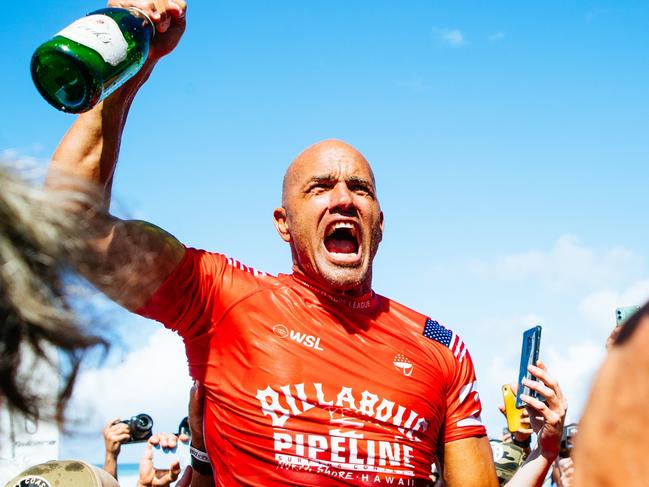 HALEIWA, HAWAII - FEBRUARY 5: Eleven-time WSL Champion Kelly Slater of the United States after winning the Final at the Billabong Pro Pipeline on February 5, 2022 in Haleiwa, Hawaii. (Photo by Tony Heff/World Surf League)