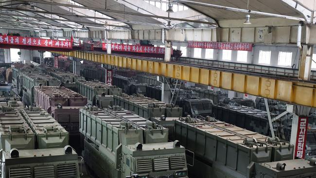 This undated photo released from North Korea's official Korean Central News Agency shows transport launchers for tactical missiles lined up during a visit by North Korea's leader Kim Jong-un in a munitions factory at an undisclosed location in North Korea. Picture: AFP