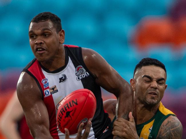 Roy George and Warwick Williams in the Southern Districts vs PINT 2023-24 NTFL men's elimination final. Picture: Pema Tamang Pakhrin