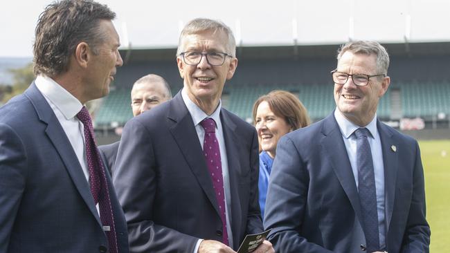 TFC AFL Club Inaugural Board of Directors, Alastair Lynch, Roger Curtis and Chair Grant O'Brien at UTAS Stadium. Picture: Chris Kidd