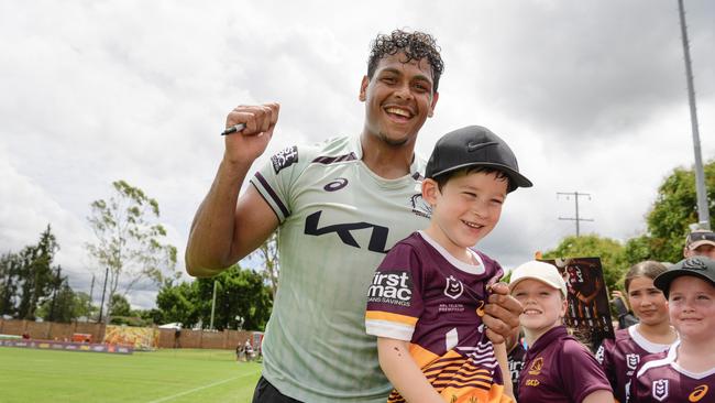 Selwyn Cobbo with Tobias Levey at the Brisbane Broncos Captain's Run and Toowoomba Fan Day at Toowoomba Sports Ground, Saturday, February 15, 2025. Picture: Kevin Farmer