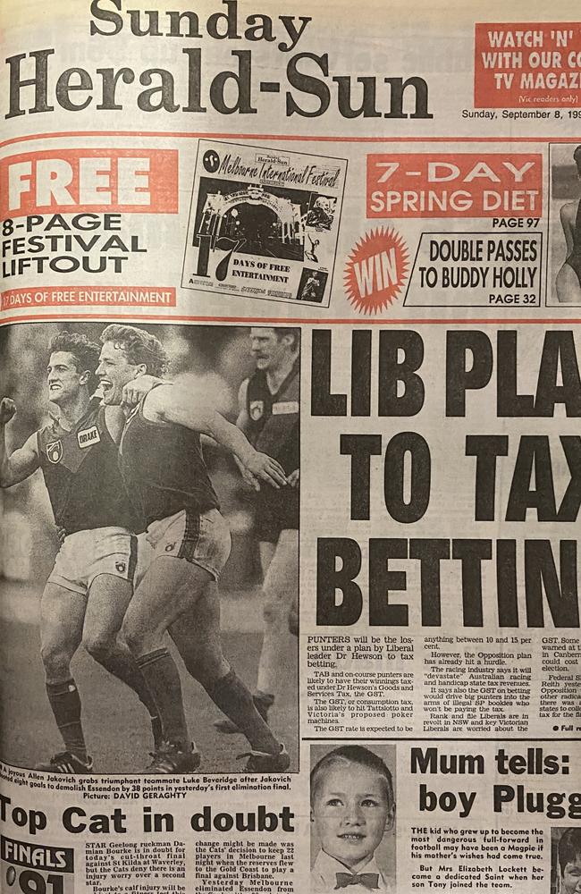 Allen Jakovich was front-page news after winning the 1991 elimination final off his own boot. Picture: Supplied