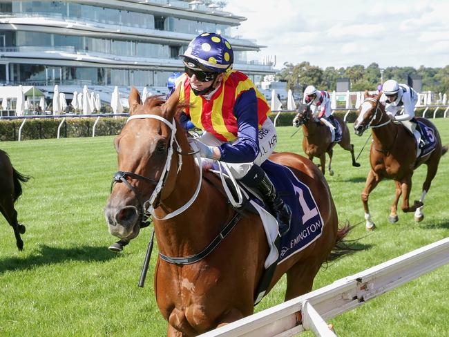 Nature Strip ridden by Jamie Kah wins the Black Caviar Lightning at Flemington Racecourse on February 12, 2021 in Flemington, Australia. (George Salpigtidis/Racing Photos via Getty Images)