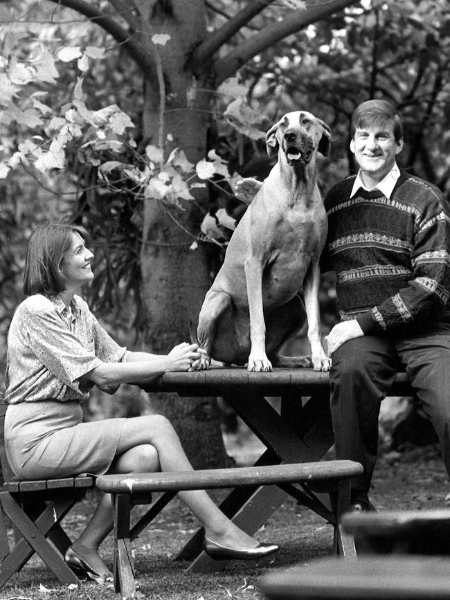 Jeff and Felicity Kennett with their great dane, Elle – named after supermodel Elle MacPherson because both have long legs – the year he became premier.