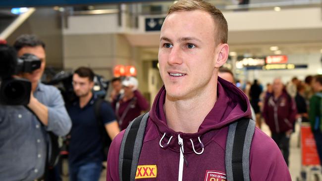 Daly Cherry-Evans arrives in Sydney where he will lead the Maroons in action on Wednesday night. Picture: AAP Image/Joel Carrett