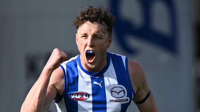 HOBART, AUSTRALIA - AUGUST 26: Nick Larkey of the Kangaroos celebrates a goal  during the round 24 AFL match between North Melbourne Kangaroos and Gold Coast Suns at Blundstone Arena, on August 26, 2023, in Hobart, Australia. (Photo by Steve Bell/Getty Images)