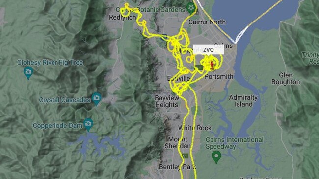 The flight pattern of a police helicopter with a spotter as multiple police vehicles were observed driving at code 1 with lights and sirens on Cairns main roads on September 24, 2022.