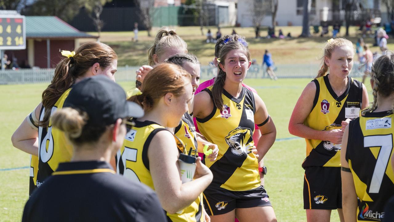 Toowoomba Tigers during a break against University Cougars in AFL Darling Downs Toowoomba Toyota Cup senior women grand final at Rockville Park, Saturday, September 2, 2023. Picture: Kevin Farmer