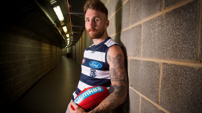 Zach Tuohy in his new colours and new surroundings at Geelong. Picture: Jay Town