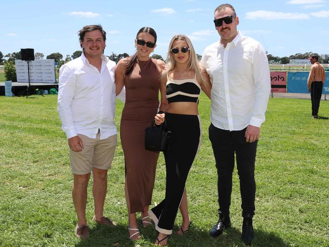 MELBOURNE, AUSTRALIA – DECEMBER 8 2024 Jack Paterson, Hayley Thomson, Hecker and Lachlan Cameron attend the Werribee Cup in Werribee on December 8th, 2024. Picture: Brendan Beckett