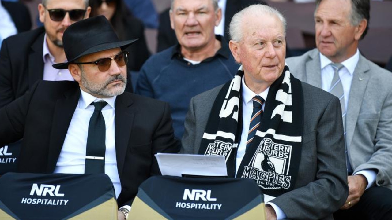 Holman Barnes Group director Rick Wayde (right) with former Wests Tigers chairman Lee Hagipantelis. Picture: NRL Imagery