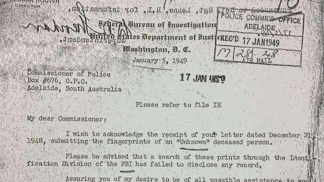 The letter signed by FBI Director J. Edgar Hoover in 1949 and sent to SA Police as part of the Somerton Man investigation