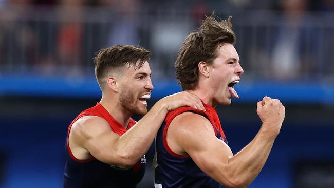 PERTH. 25/09/2021. AFL Grand Final. Melbourne vs. Western Bulldogs at Optus Stadium, Perth. Tom Sparrow of the Demons celebrates a 3rd qtr goal. Photo by Michael Klein