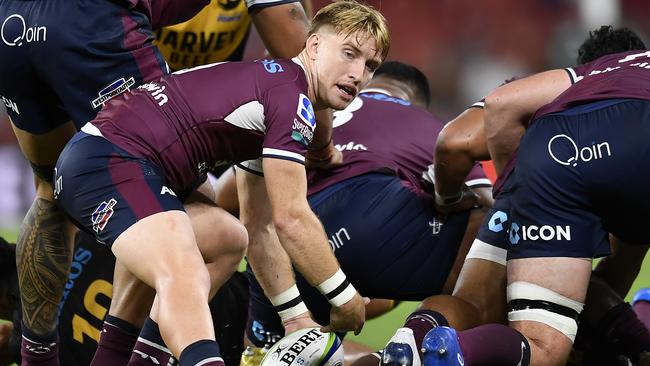 BRISBANE, AUSTRALIA - MARCH 20: Tate McDermott of the Reds in action during the round five Super RugbyAU match between the Queensland Reds and the Western Force at Suncorp Stadium, on March 20, 2021, in Brisbane, Australia. (Photo by Albert Perez/Getty Images)