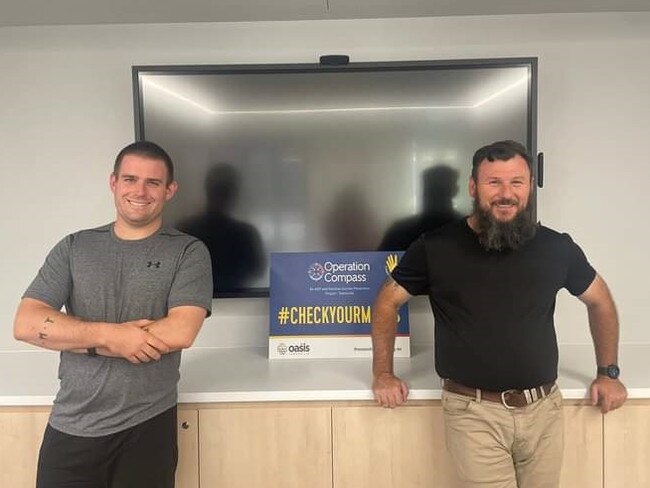 George Simms with Royce from the Dungeon Roos (Veteran Dungeons & Dragons Podcast) at the Oasis Townsville for the Pilot Ep of Stand By Your Mates. Picture: Supplied