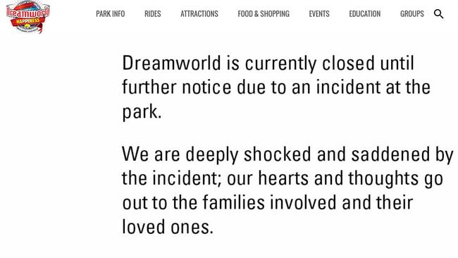 This message now appears on Dreamworld’s website.