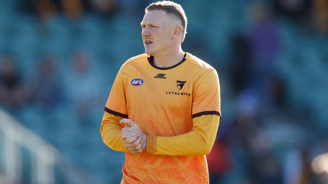 LAUNCESTON, AUSTRALIA - JULY 13: James Sicily of the Hawks warms up during the 2024 AFL Round 18 match between the Hawthorn Hawks and the Fremantle Dockers at the UTAS Stadium on July 13, 2024 in Launceston, Australia. (Photo by Michael Willson/AFL Photos via Getty Images)