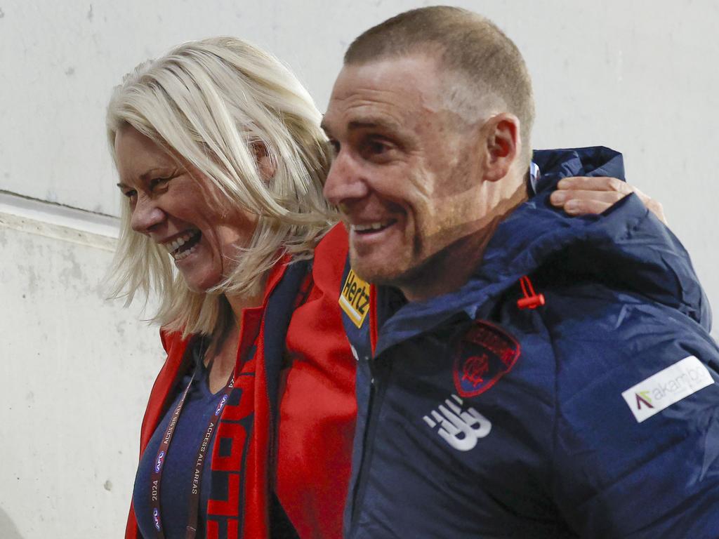 MELBOURNE, AUSTRALIA. April 4, 2024. AFL Gather Round. Round 4. Adelaide vs. Melbourne at the Adelaide Oval. Simon Goodwin, senior coach of the Demons with president Kate Roffey after tonights win. Pic: Michael Klein