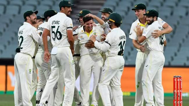 Australian players celebrate the final wicket of James Anderson. Picture: AFP Images