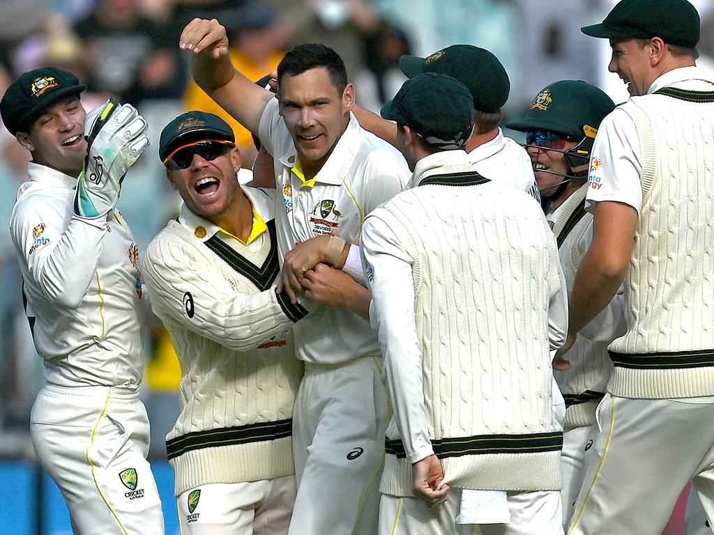 Boland celebrates after dismissing Jack Leach. Picture: Quinn Rooney/Getty Images