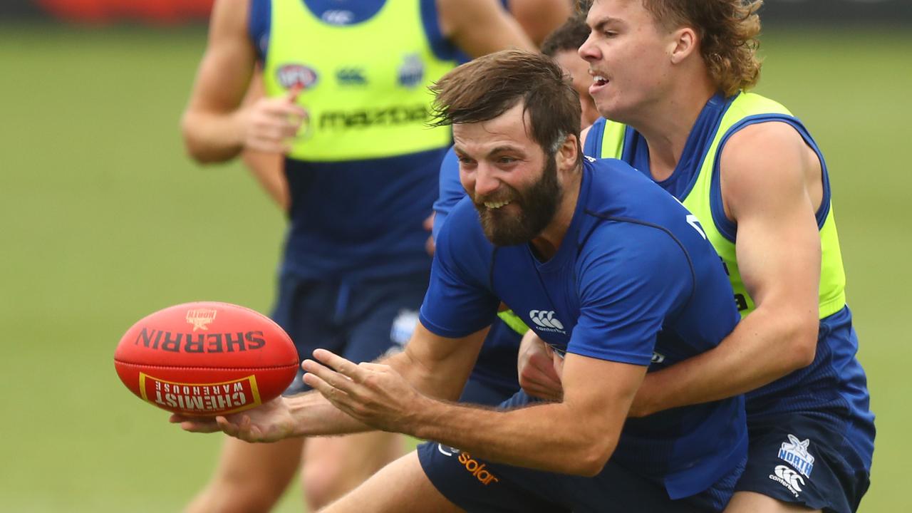 Luke McDonald is tackled by teammate Cam Zurhaar at training over summer. Picture: Mike Owen/Getty Images