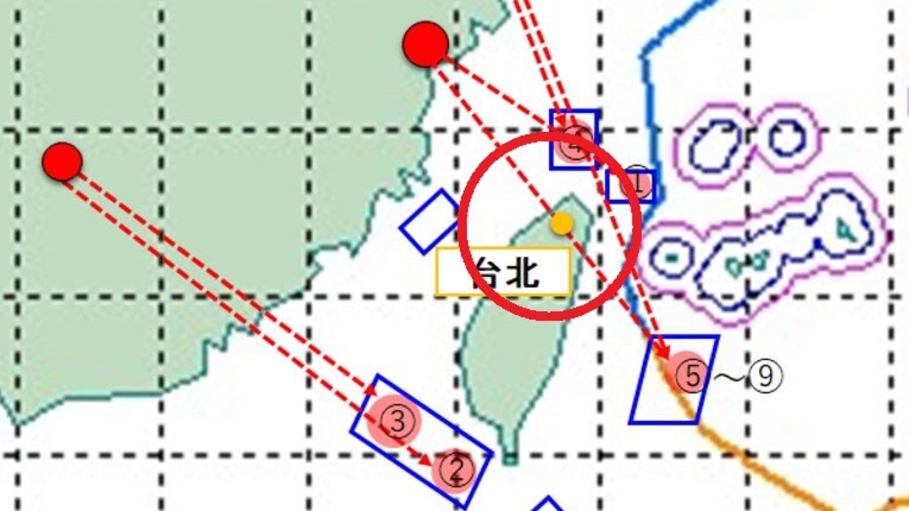 Map from Japan's defence force show the routes of alleged China missiles over Taiwan into Japan's exclusive economic zone.