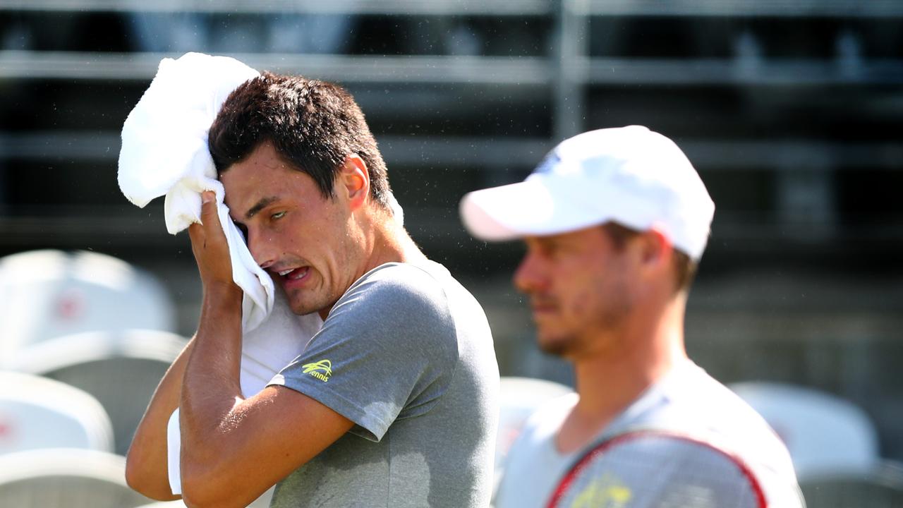 Bernard Tomic and Lleyton Hewitt during During Davis Cup in 2016.