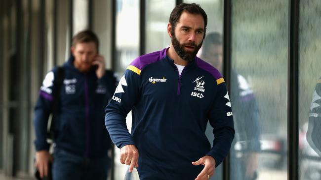 Melbourne Storm’s Cameron Smith arrives at AAMI Park for a briefing session on Monday. Picture: AAP