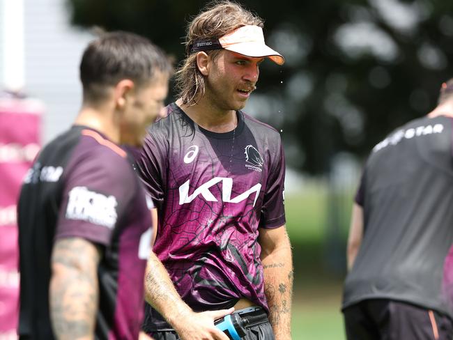 Blake Mozer sweats it out during pre season training with the Broncos at Red Hill. Picture: Adam Head